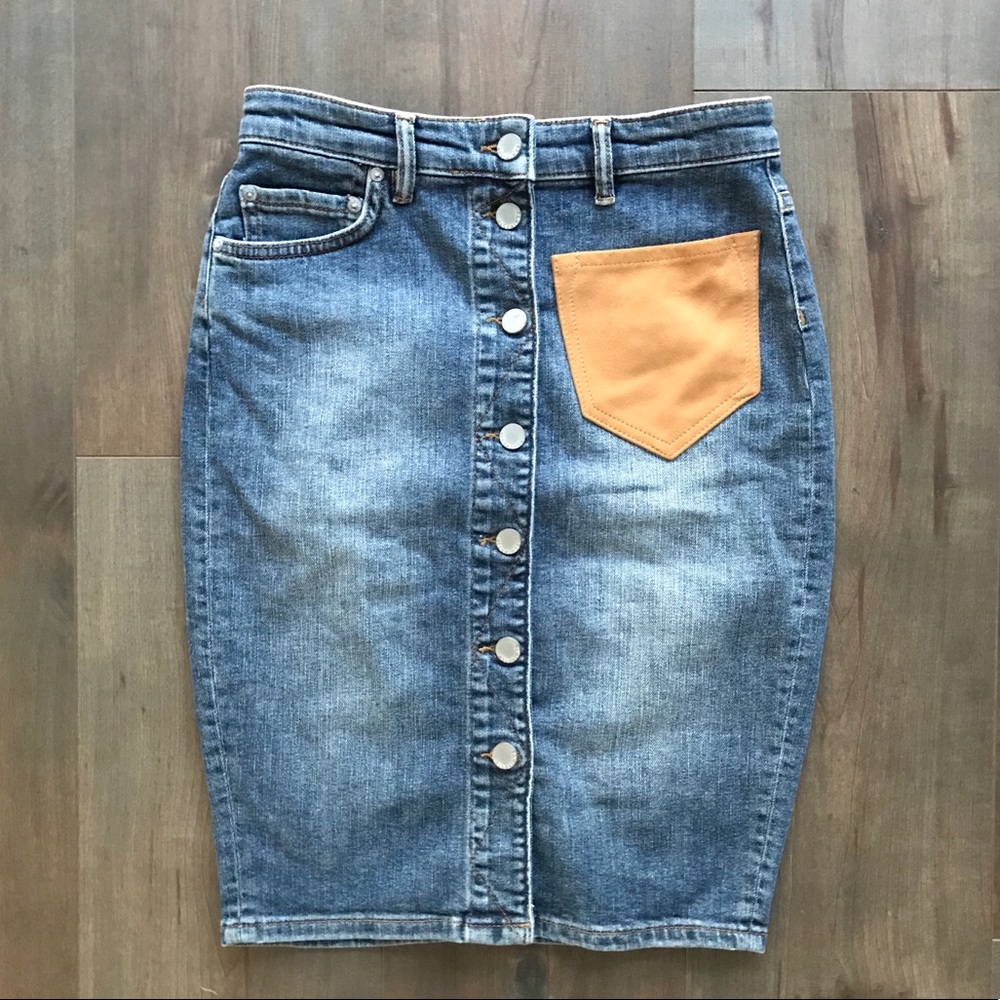 AllSaints Blue Denim Pencil Skirt with Brown Pocket
reposhed too small. - Picture 4 of 6